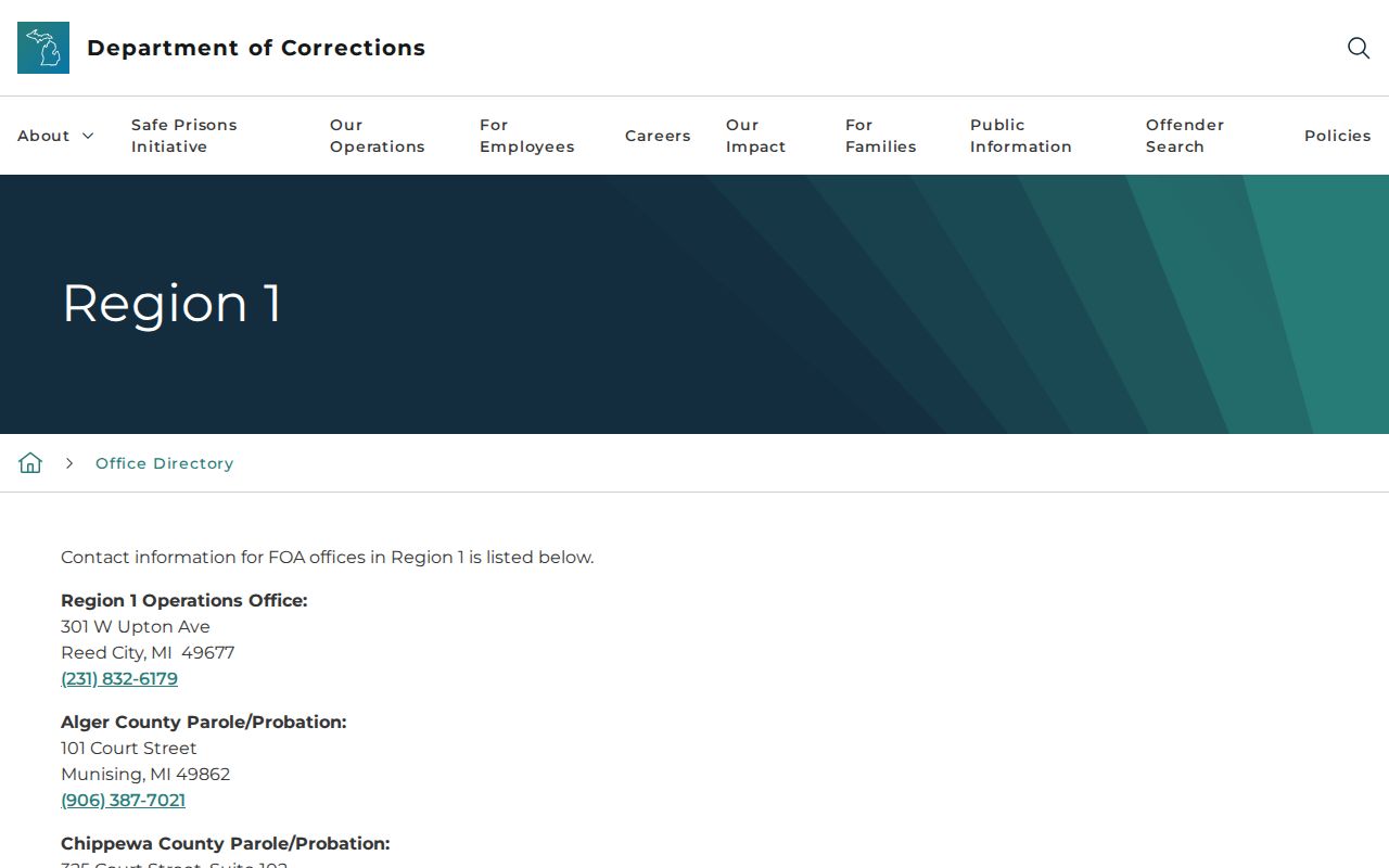 Dickinson County parole and probation Region 1 office directory