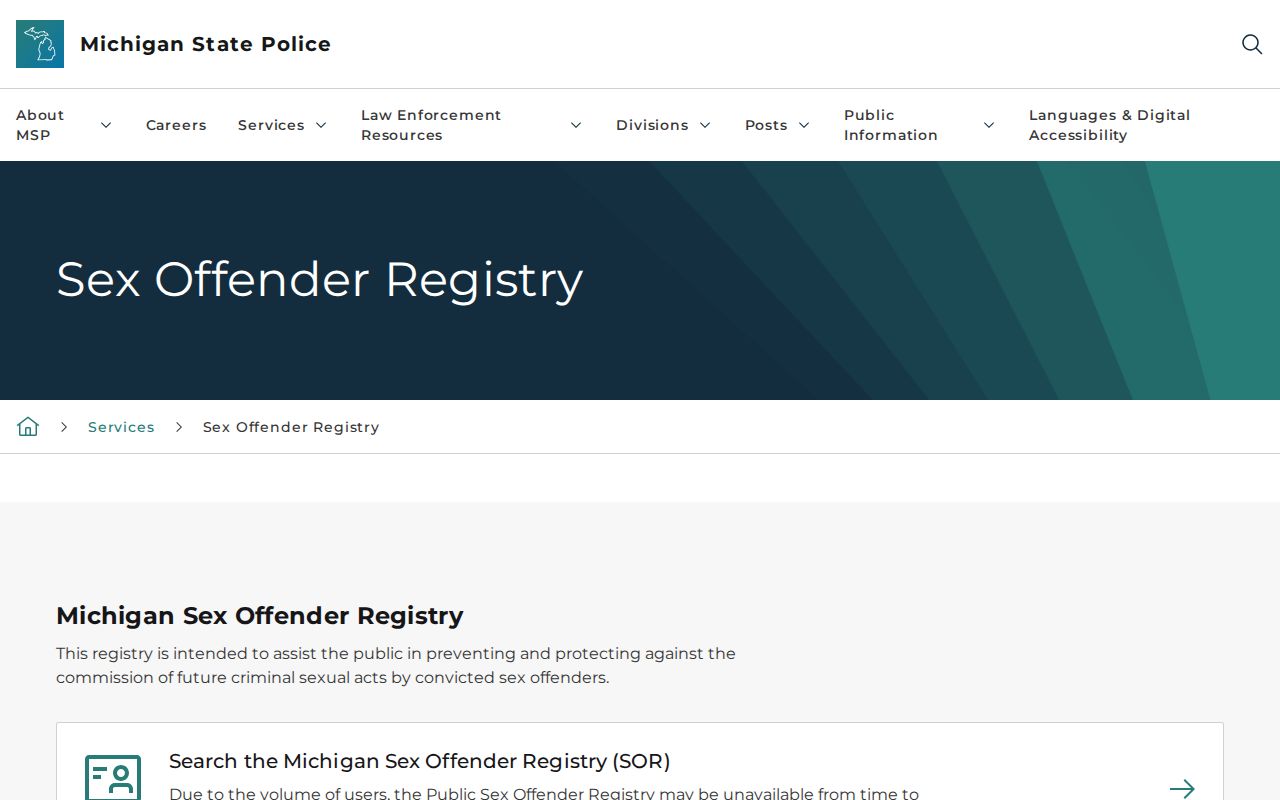 Dickinson County post-release supervision and Michigan registry status search