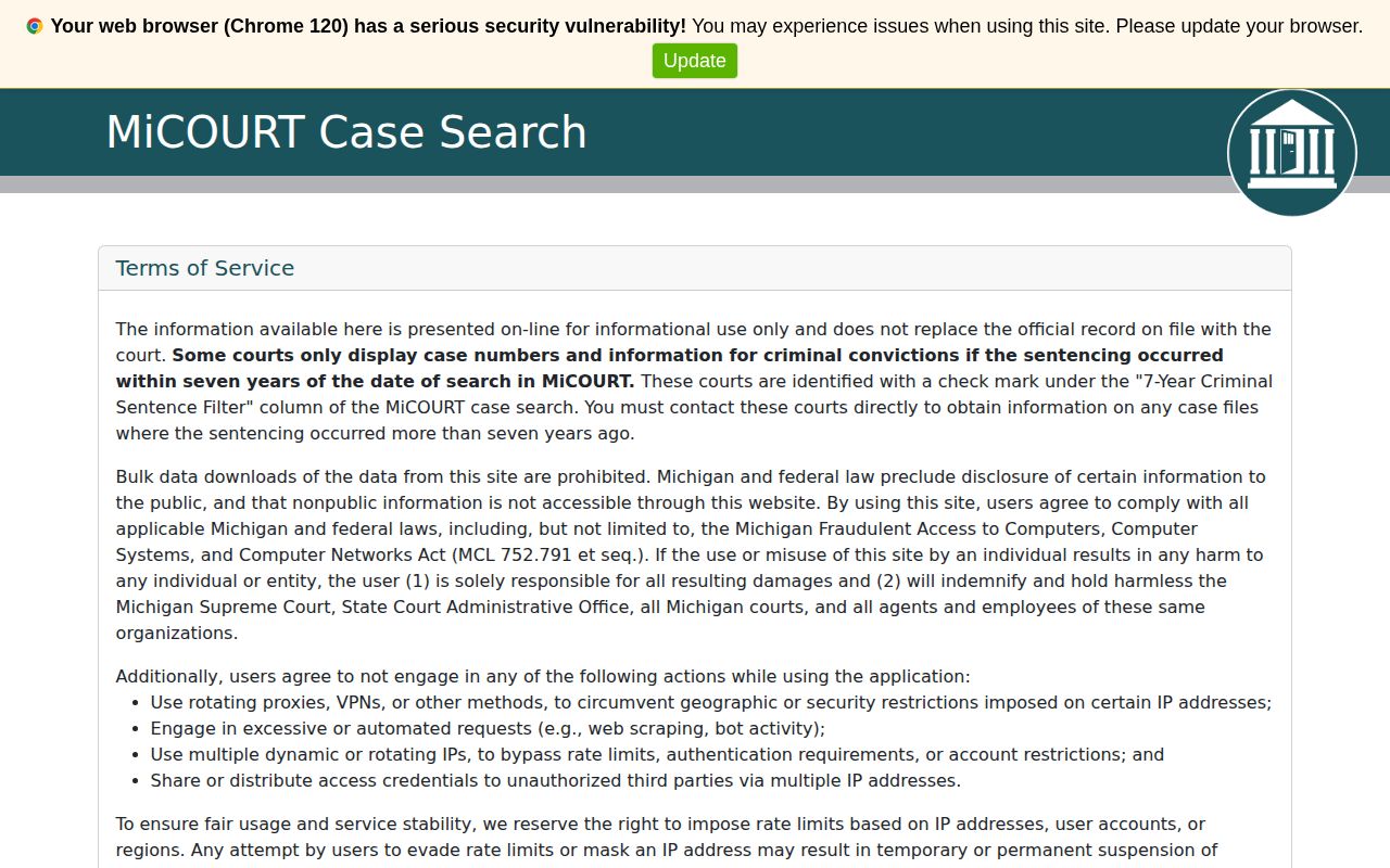 Dickinson County released inmate court record search through MiCOURT