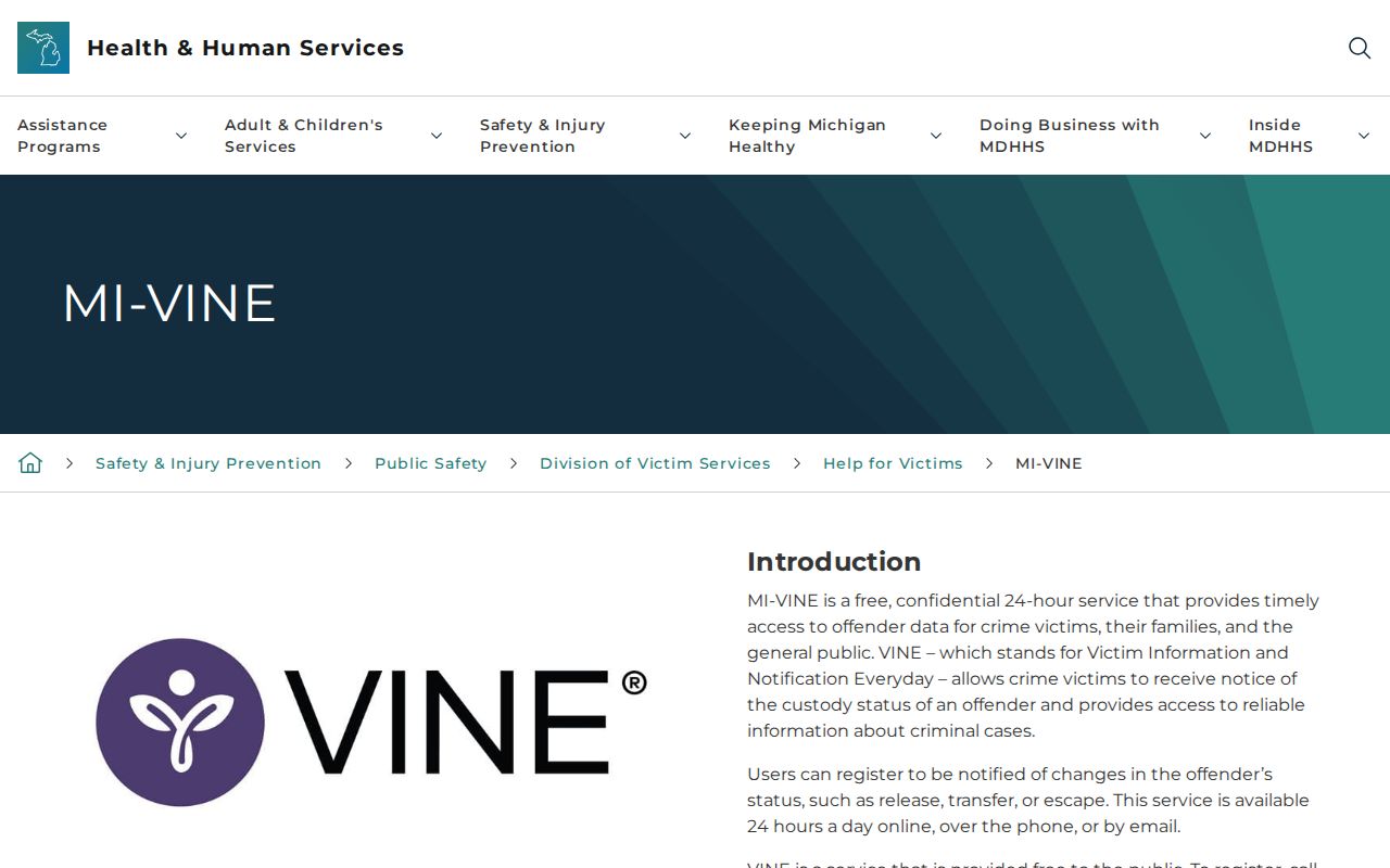 Dickinson County VINELink release check on the Michigan MI-VINE overview